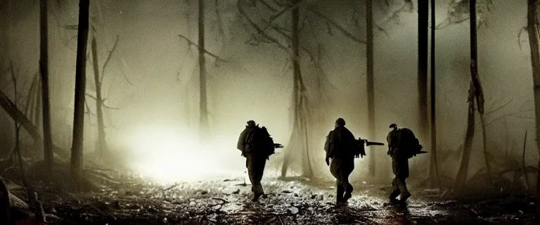 Prompt: a movie still of wwii american soldiers walking into a deserted camp full of decomposing bodies in the middle of an eerie creepy dark forest, heavy rain, horror, highly detailed, dusk lighting, cooke lens 2 2 mm deep focus, horror, promotional photograph, smooth, sharp focus, golden ratio, dramatic illumination, ultra realistic, 4 k, shot by christopher nolan