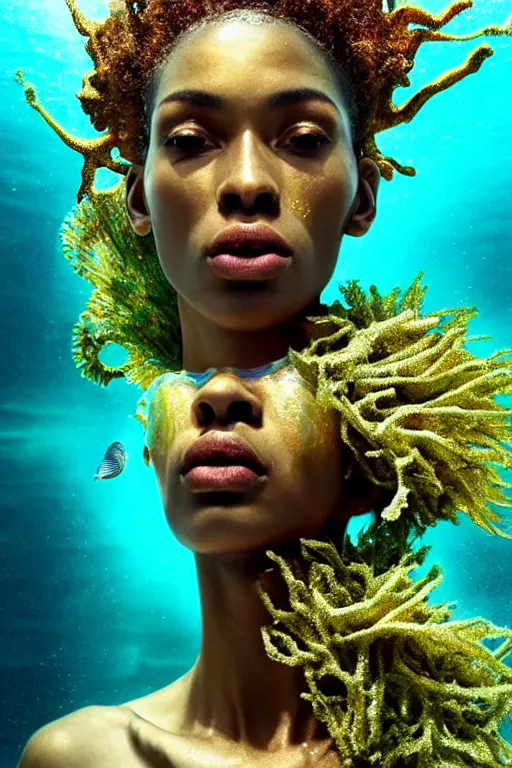 Image similar to hyperrealistic neo - modern cinematic half underwater scene with fish and algae, very expressive! translucent elegant african goddess getting out of water, gold jewerly, highly detailed face, digital art masterpiece, aykut aydogdu zener, dramatic volumetric light, long shot, low angle uhd 8 k, sharp focus