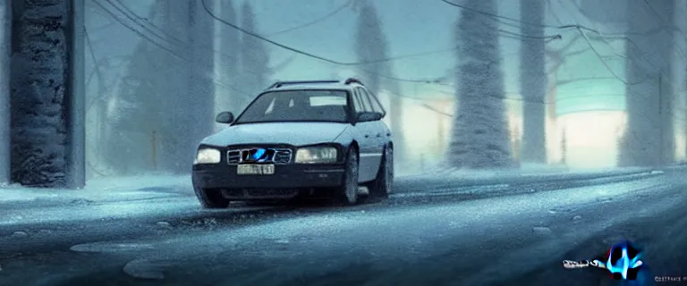 Image similar to Audi A4 B6 Avant (2002), a gritty neo-noir, dramatic bright lighting, cinematic, establishing shot, extremely high detail, photorealistic, cinematic lighting, artstation, by simon stalenhag, Snowy finnish road, At night, Poets of the Fall - Late Goodbye