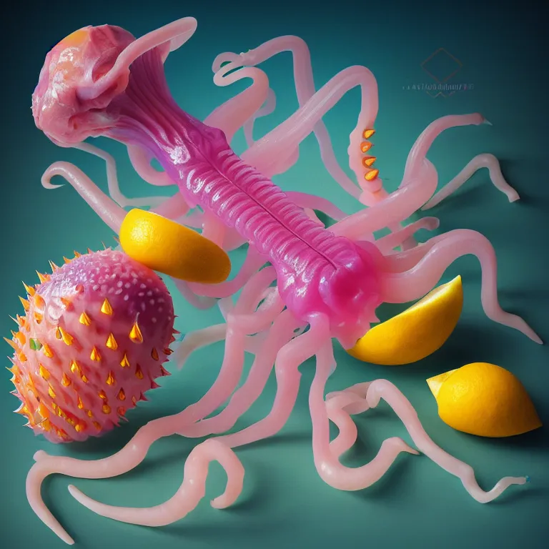 Prompt: still life of beautiful pastel tropical alien flowers, tropical fruit, human spine, plastic transparent translucent squid, colorful mold, muscle tissue, spikes, baroque painting, beautiful detailed intricate insanely detailed octane render, 8K artistic photography, photorealistic, chiaroscuro, Raphael, Caravaggio