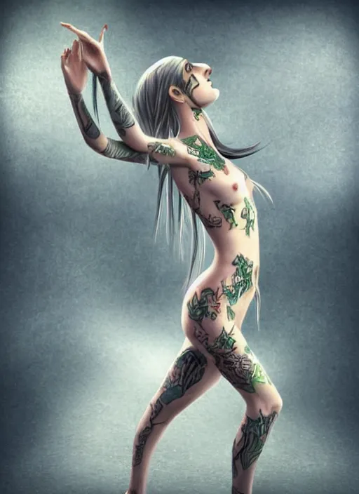 Image similar to photo of a girl elf with mystical tatoos, full body, insanely detailed, unreal render, warm light, barefoot