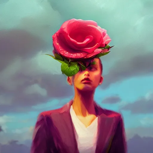 Image similar to closeup, giant rose flower head, frontal, girl in a suit, surreal photography, sunrise, dramatic light, impressionist painting, digital painting, artstation, simon stalenhag