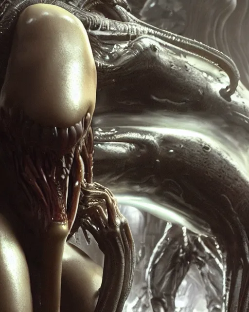 Image similar to film still of kim kardashian being licked by an xenomorph slathered in a transparent alien liquid, wet flowing hair, gooey skin, illustration, unreal engine 5, 8 k, directed by h. r. giger.