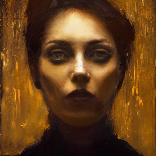 Prompt: a person looking at camera made of porcellaine, golden tears, moody lighting, dark background, high contrast, textured paint strokes on the face, thick painterly feel