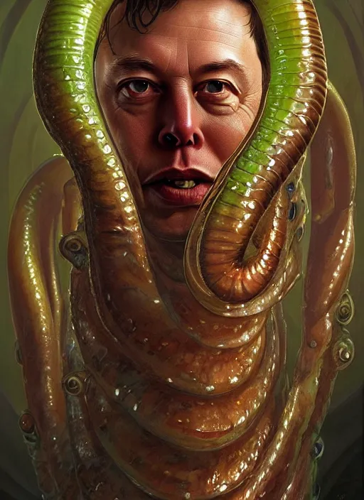 Image similar to elon musk as slimy mollusk character, drool, full length portrait!!!, intricate, elegant, highly detailed, digital painting, artstation, concept art, wallpaper, smooth, sharp focus, illustration, art by h. r. giger and artgerm and greg rutkowski and alphonse mucha