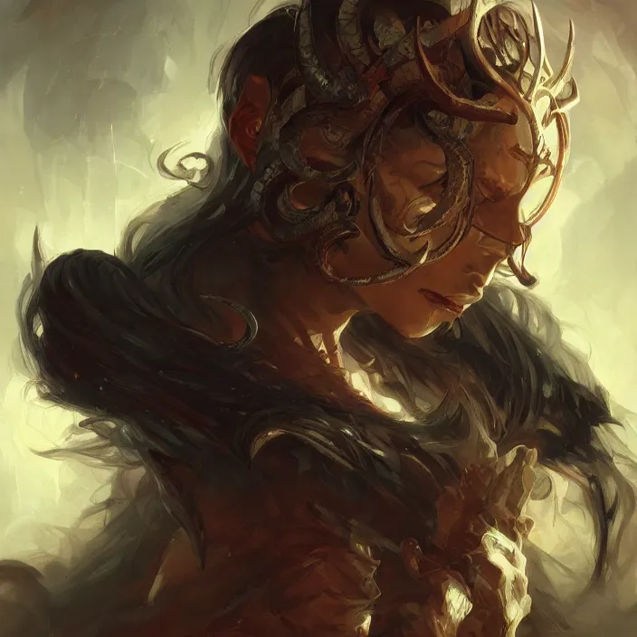 Prompt: portrait of a demon lord, D&D, fantasy, highly detailed, digital painting, artstation, smooth, sharp focus, illustration, art by artgerm and greg rutkowski and alphonse mucha