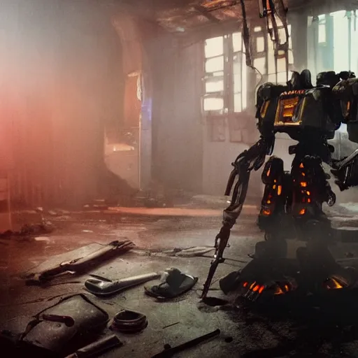 Prompt: mecha made from kitchen utensils, dark messy smoke - filled cluttered workshop, dark, dramatic lighting, orange tint, cinematic, highly detailed, sci - fi, futuristic, movie still from blade runner