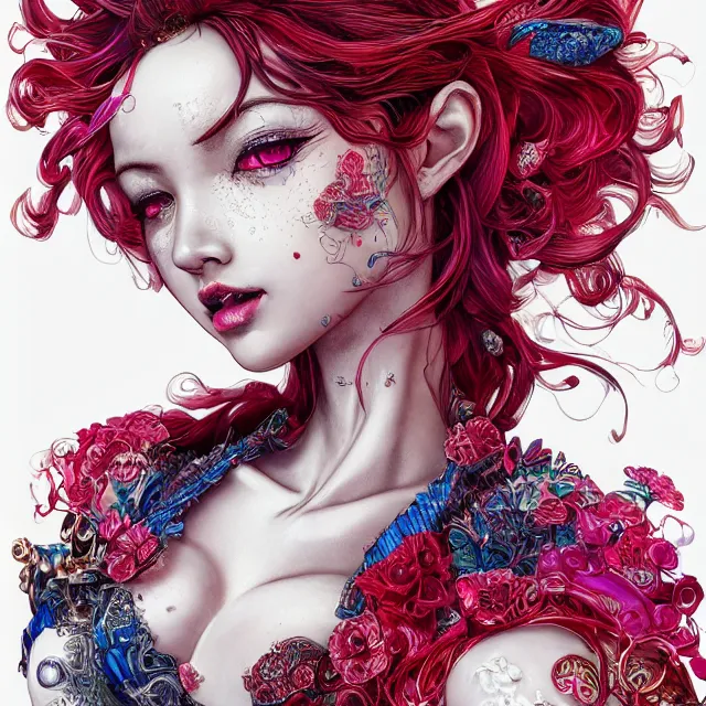 Image similar to an absurdly beautiful, elegant, young hypercolorful sensual gravure idol partially made up of rubies and red gems, ultrafine hyperrealistic detailed face illustration by kim jung gi, irakli nadar, intricate linework, sharp focus, bright colors, matte, octopath traveler, final fantasy, unreal engine highly rendered, global illumination, radiant light, intricate environment