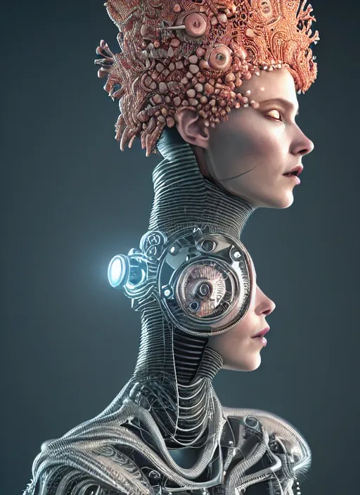 Image similar to portrait of an absurdly beautiful, graceful, sophisticated, fashionable cyberpunk mechanoid, hyperdetailed illustration by irakli nadar and alexandre ferra, intricate linework, white porcelain skin, faberge, coral headdress, unreal engine 5 highly rendered, global illumination, radiant light, detailed and intricate environment