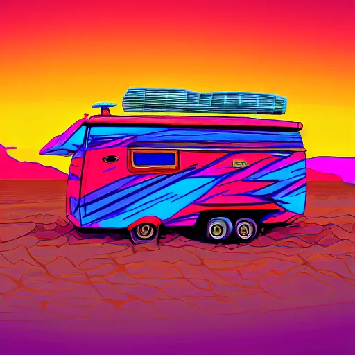 Image similar to beautiful digital psychedelic painting of an RV in the desert, hyperdetailed, vivid colors, trending on Artstation