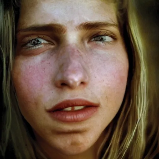 Image similar to a candid extreme closeup portrait of an expressive face of a young woman in love by annie leibovitz