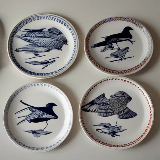Prompt: decorative plates depicting migratory birds.