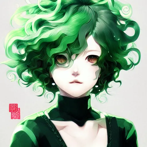 Image similar to detailed portrait art of tatsumaki with green curly hair, art by ross tran ilya kuvshinov krenz cushart, very detailed, intricate, digital anime art, sharp focus