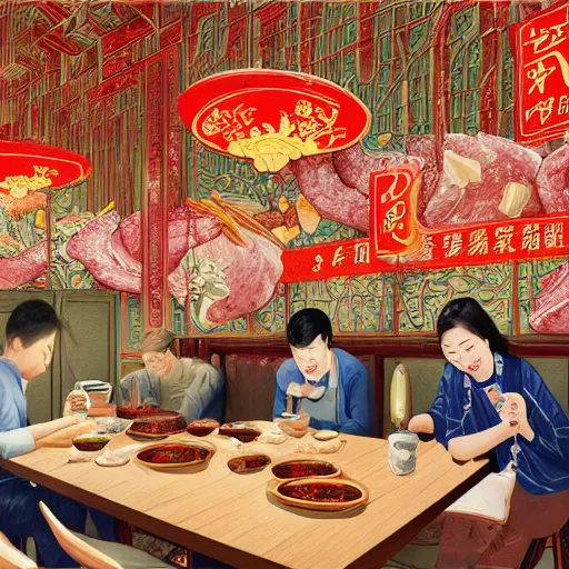 Image similar to a beautiful hyperdetailed interior 4 k hd wallpaper illustration of roasted string hotpot restaurant restaurant yan'an, corner, simple style, wall painting, from china, with merchant logo, people are eating kebabs, fine delicate structure, surrealistic, chinese style, victo ngai