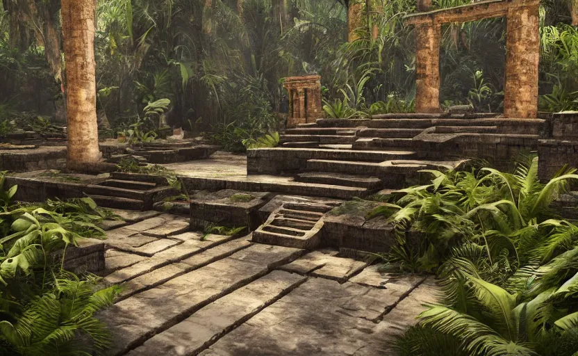 Image similar to Fashion Runway!, Catwalk!!, Platform in a Maya Temple in the Rainforest, Concept Art, Octane, Redshift, 4k