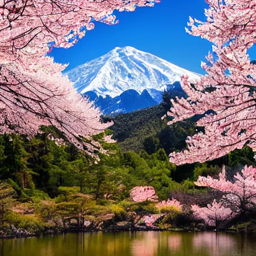 Prompt: forest and lakes with Sakura flowers with snow mountains at the background
