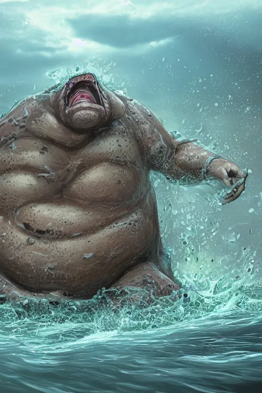 Image similar to high resolution photo of an obese giant fighting sea creature, splash, sand, earth, shells, tree roots, dark clouds, foliage, veins, lightning, big muscles, sweat, slime, troll, fishlike, gills, dragonlike, grown together, overgrown, electronic wires, god rays, dark, skin, plastic wrap,