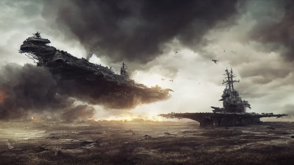 Image similar to an immense steampunk aircraft carrier crashed and burning in a field, thick black smoke billowing, turbulent storm clouds, dystopian, sharp focus, octane render, imax