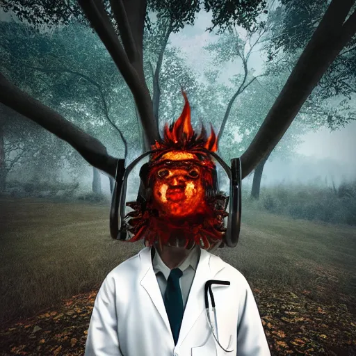 Prompt: An album cover, fire, mask, stethoscope!, (doctor), 3d render, robot!, (unreal engine), (rust), photograph, portrait, painting, ((forest))