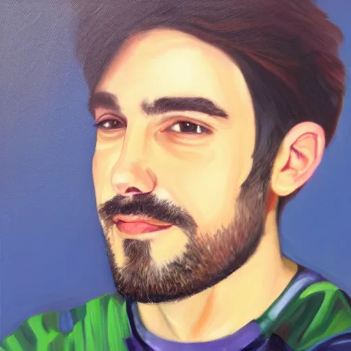 Image similar to portrait of twitch streamer vinny vinesauce, oil painting