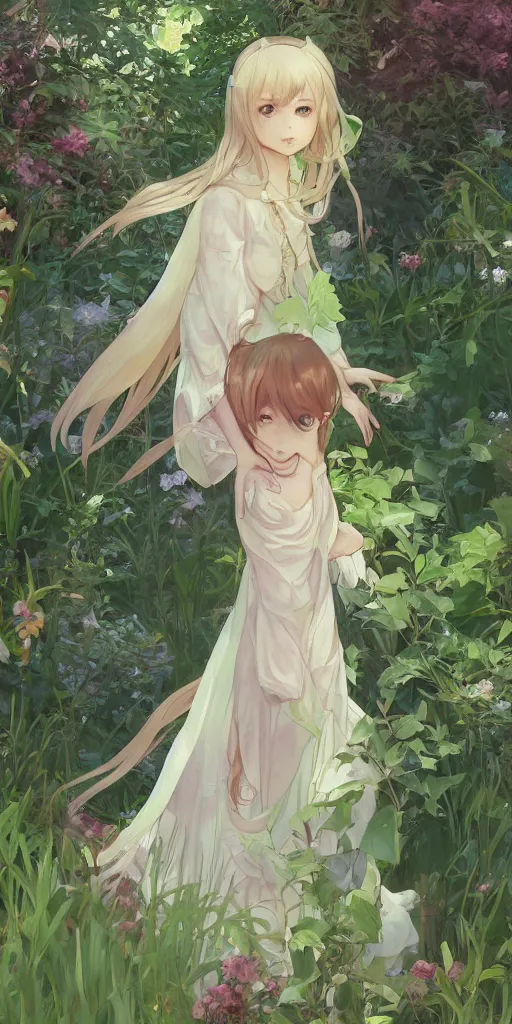 Prompt: a digital art of a loli with long hair in a dress in the privet garden at after noon, green and warm theme, by krenz cushart and mucha and akihito yoshida and greg rutkowski and makoto shinkai, low angle, long shot, back lighting, detailed eyes, 4 k resolution, trending on art station