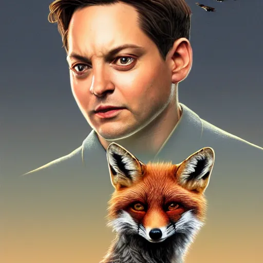 Image similar to tobey maguire and a red fox, intricate, highly detailed, digital painting, artstation, concept art, smooth, sharp focus, illustration, unreal engine 5, 8 k, art by artgerm and greg rutkowski and alphonse mucha