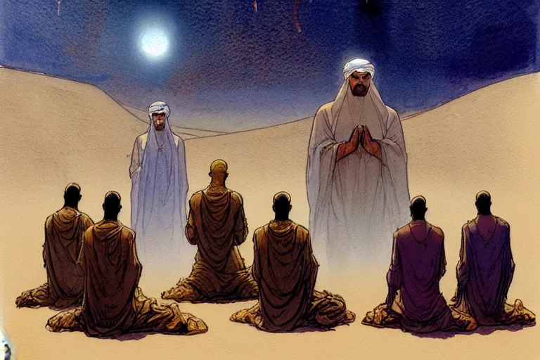 Image similar to a hyperrealist watercolour character concept art portrait of a group of middle eastern men kneeling down in prayer in front of a giant alien on a misty night in the desert. by rebecca guay, michael kaluta, charles vess and jean moebius giraud