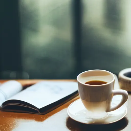 Prompt: film still of a rainy day with a book and a cup of tea