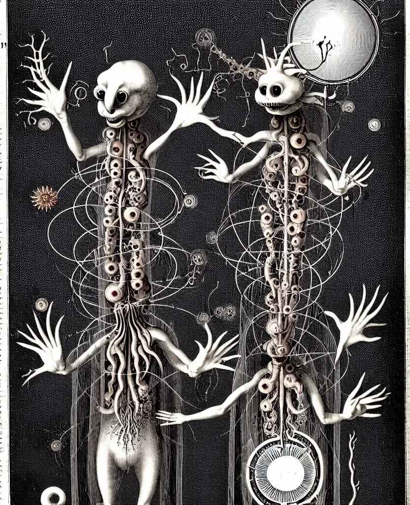 Image similar to whimsical freaky creature sings a unique canto about'as above so below'being ignited by the spirit of haeckel and robert fludd, breakthrough is iminent, glory be to the magic within