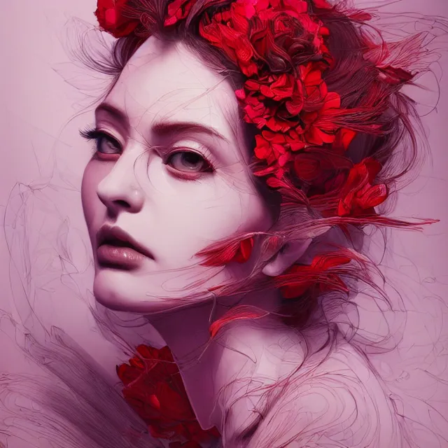 Image similar to studio portrait absurdly beautiful, elegant, graceful, young hypercolorful sensual gravure idol rubies and red petals, ultrafine hyperrealistic detailed face illustration by kim jung gi, irakli nadar, intricate linework, sharp focus, bright colors, matte, octopath traveler, final fantasy, unreal engine highly rendered, global illumination, radiant light, intricate environment