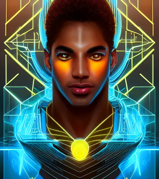 Image similar to symmetry!! egyptian prince of technology, solid cube of light, hard edges, product render retro - futuristic poster scifi, lasers and neon circuits, brown skin man egyptian prince, intricate, elegant, highly detailed, digital painting, artstation, concept art, smooth, sharp focus, illustration, dreamlike, art by artgerm