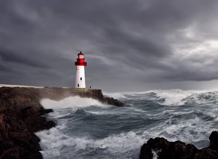 Image similar to lighthouse in a storm. lonely, churning waves, splashing on lighthouse. warm lighting