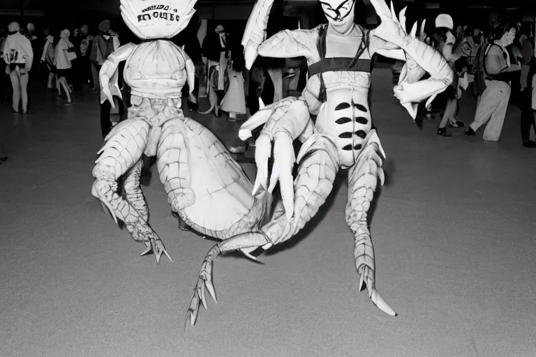 Prompt: cosplayer dressed like a crab, in 1 9 8 5, at an anime convention, royalcore, low - light photograph, photography by tyler mitchell