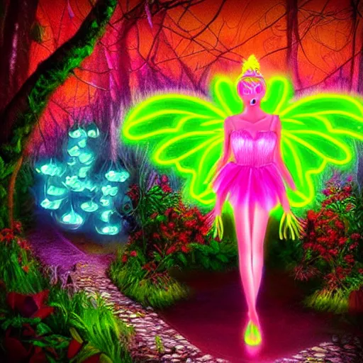 Prompt: neon fairy princess clothing store in a woodland grove, neon wings beautiful colorful pretty artistic 4 k artstation trending dramatic lighting realistic floral garden blooming flowers