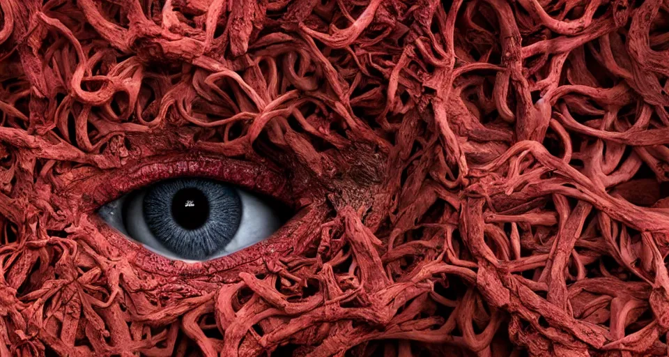 Image similar to a volcano made of ivory vines and crimson rocks enters in eruption, it spits a smoke in the shape of demonic eye, by Kirsty Mitchell
