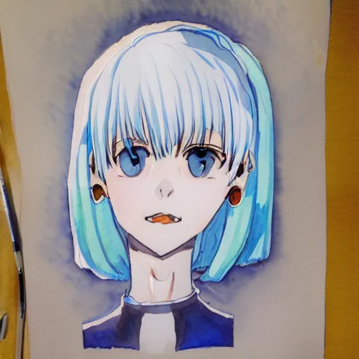 Prompt: watercolor sketch of rei ayanami