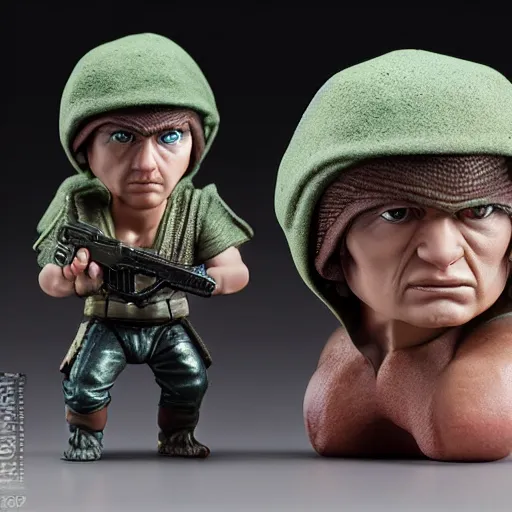 Prompt: rambo versus rocky, focused, mugshots, photoshoot, sharp details, face photo, face details sharp, by donato giancola and greg rutkowski and wayne barlow and zdzisław beksinski, eyeballs, product photography, action figure, sofubi, studio lighting, colored gels, colored background,