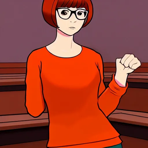 Image similar to Stunning Scene of Velma Dinkley wearing her iconic orange sweater from Scooby Doo in court for falsely accusing someone of being a criminal. Pixiv, artstation