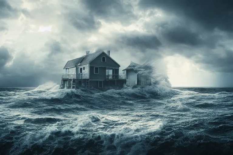 Prompt: a lonely house in the middle of the sea, the waves crashing, an electric storm. soft light, hyper realistic, dramatic, 4 k.