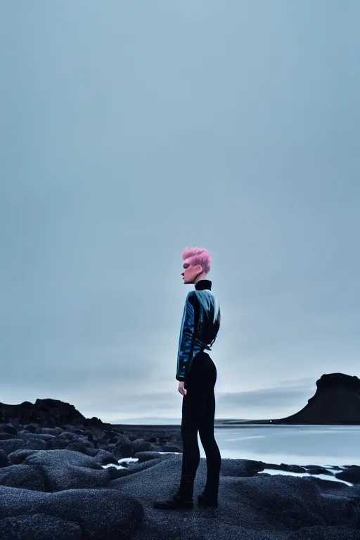 Prompt: high quality pastel coloured film wide angle selfie photograph of an androgynous cyber model standing in an icelandic black rock environment. three point light. photographic. art directed. pastel colours. volumetric light. stark. rocks. waves. 8 k. filmic.