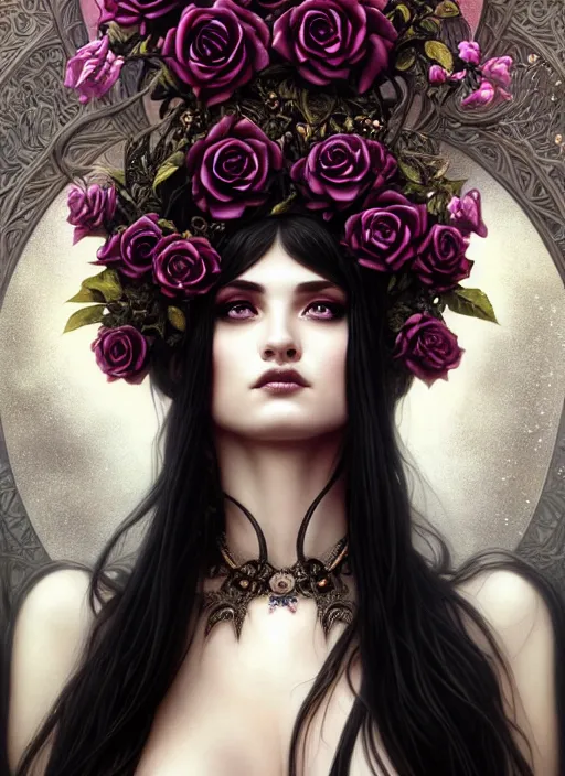 Image similar to perfectly detailed goth goddess of black rose flowers!! blessed by nature with ever - increasing physical mental perfection, symmetrical! intricate, sensual features, highly detailed, biblical divine holy perfection!! digital painting, artstation, concept art, smooth, sharp focus, illustration, art by artgerm and greg rutkowski and alphonse mucha