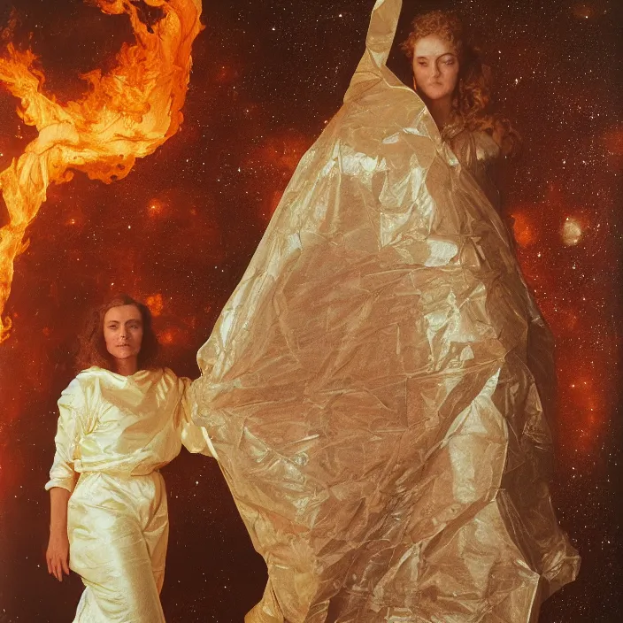 Image similar to a closeup portrait of a woman wrapped in plastic, standing in front of jupiter on fire, color photograph, by vincent desiderio, canon eos c 3 0 0, ƒ 1. 8, 3 5 mm, 8 k, medium - format print