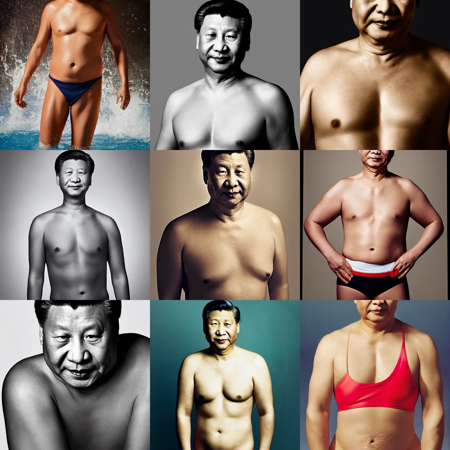 Image similar to Photo of Xi Jinping in swimsuit, soft studio lighting, photo taken by Martin Schoeller for Abercrombie and Fitch, award-winning photo, 24mm f/1.4