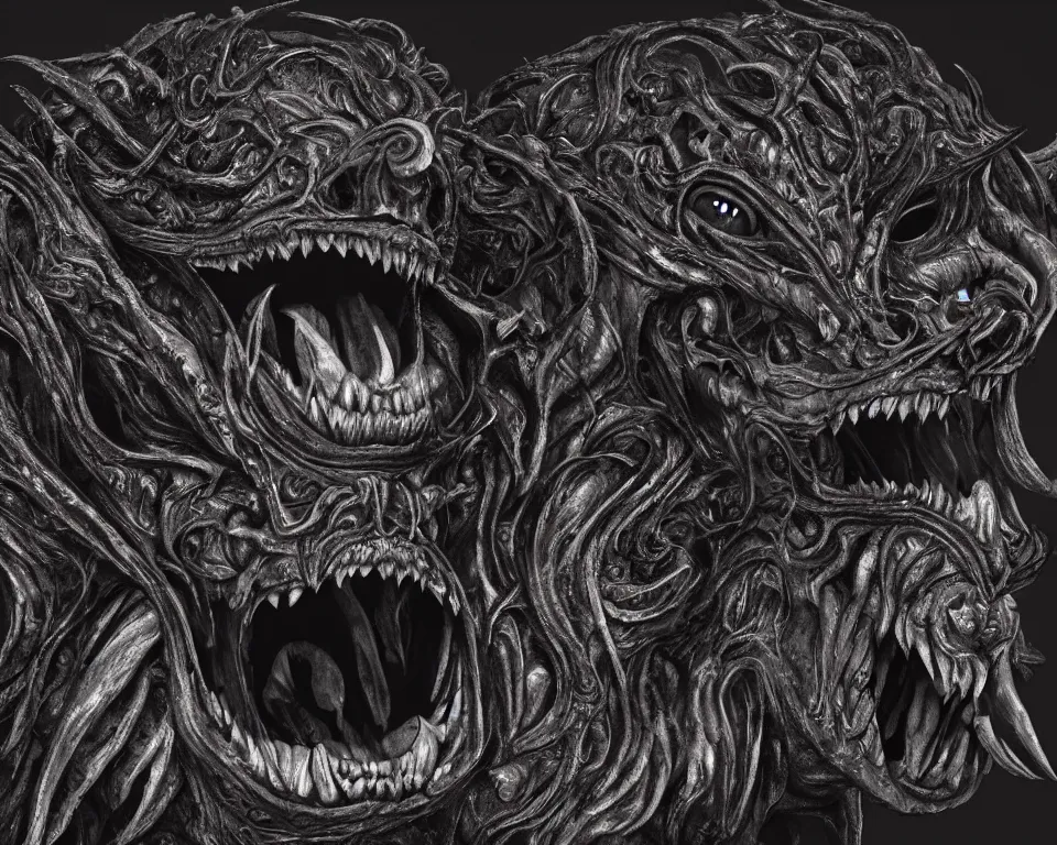 Prompt: A demonic dog with three eyes, roaring with an open mouth by Georgia O’Keeffe and Giger, trending on artstation, ornate, highly detailed, 8k, cinematic, rack focus