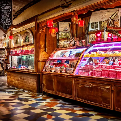 Prompt: Inside an old fashioned sweet shop, fantasy vendor interior, wide angle, cinematic shot, highly detailed, cinematic lighting , photorealistic, 8K