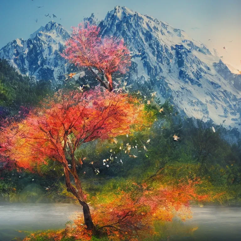 Image similar to a beautiful awesome artistic tree with falling flowers like leaves and many birds, all in the amazing outdoors view, mountain in the background, lake, long exposure, 8 k resolution, trending on artstation