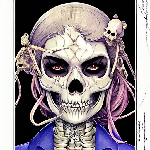 Image similar to anime manga skull portrait young woman skeleton, Simpsons , Disney , intricate, elegant, highly detailed, digital art, art by JC Leyendecker and sachin teng