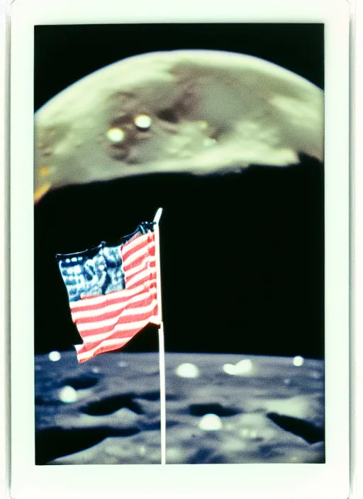 Image similar to polaroid of moonlanding in 1 9 5 0's finland flag on the moon, aesthetic, fine art, intricate, elegant, highly detailed, centered, phograph, art station, conceptual art, soft, sharp focus,