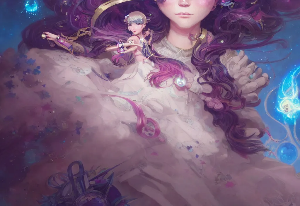 Image similar to close up picture of an maximalist dress magical girl, neat hair with bangs, smug face, extremely beautiful and aesthetic and detailed cute face and eyes, wipe out evils with cute astronaut familiar sprites, aming the magical beams to the camera, chiaroscuro, intricate, masterpiece, epic fantasy illustrations by peter mohrbacher and anato finnstark and jeremy lipking