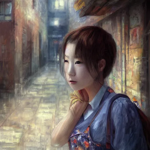 Prompt: a perfect, realistic professional oil painting in impressionism style, of a Japanese schoolgirl posing in a dystopian alleyway, close-up, by a professional American senior artist on ArtStation, a high-quality hollywood-style concept